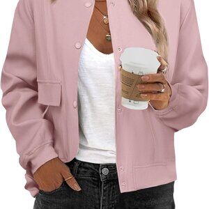 Women Bomber Jacket Casual Button Down Varsity Jackets Shackets With Pockets Out